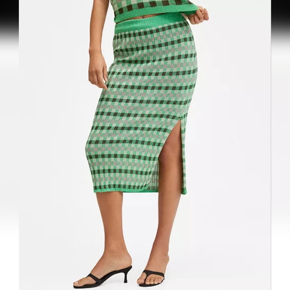 Mango MNG Lurex Knitted Striped Metallic Midi Skirt Green Black Silver XSMALL